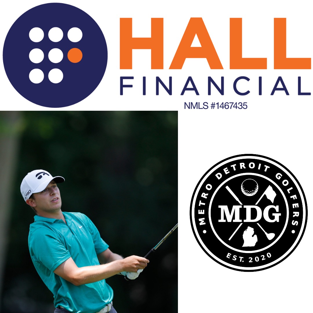 Hall Financial and MDG logos along with Donnie Trosper swinging while playing golf