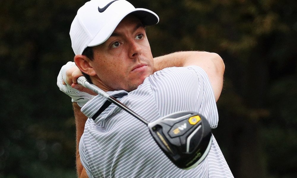 Rory McIlroy seen in a finishing pose with a driver